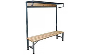 Banca Camarin con Perchero y Repisa, Medidas 100x40x190 cms. de alto. Estructura perfil 30x30x1,5 mm. Pintura electroestatica color negro y aluminio. Asiento en madera de Coigue. Barniz Renner 3 manos de terminacion. www.yolae.cl