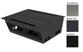 Caja Elctrica para Mesa de Reunin, Metlica, Doble, 
Doble Tapa, 4 mdulos de 3 enchufes universales, estructura metlica con tapa abatible para ocultar enchufes. Medidas 288 mm. largo, 262 mm. ancho, 106 mm. fondo. www.yolae.cl