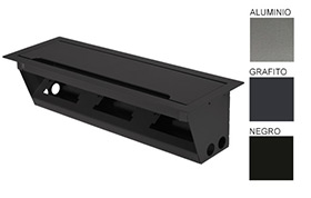 Caja Elctrica para Mesa de Reunin, Metlica, Triple, 
1 Tapa, 3 mdulos de 3 enchufes universales, estructura metlica con tapa abatible para ocultar enchufes. Medidas 417 mm. largo, 140 mm. ancho, 106 mm. fondo. www.yolae.cl